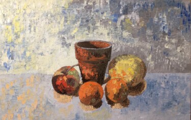 Peinture intitulée "Pot de terre et fru…" par Annie Croizier, Œuvre d'art originale, Huile Monté sur Carton