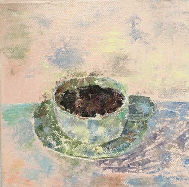 Painting titled "Tasse de café 2" by Annie Croizier, Original Artwork, Oil Mounted on Wood Stretcher frame