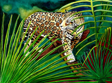 Painting titled "Le jaguar, seigneur…" by Annie Décarpes (kirova), Original Artwork, Watercolor