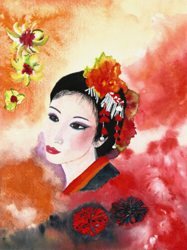 Painting titled "Une geisha" by Annie Décarpes (kirova), Original Artwork, Watercolor