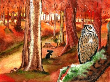 Pintura intitulada "Une fable d'automne" por Annie Décarpes (kirova), Obras de arte originais, Aquarela