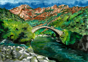 Malarstwo zatytułowany „Pont génois en Corse” autorstwa Annie Décarpes (kirova), Oryginalna praca, Atrament