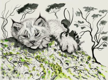 Картина под названием "Jeune lynx" - Annie Décarpes (kirova), Подлинное произведение искусства, Чернила