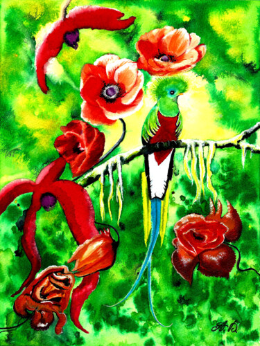 Peinture intitulée "Le quetzal" par Annie Décarpes (kirova), Œuvre d'art originale, Aquarelle