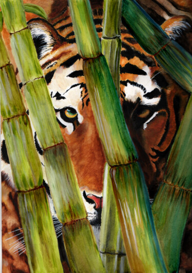Painting titled "Le tigre de Sumatra" by Annie Décarpes (kirova), Original Artwork, Watercolor
