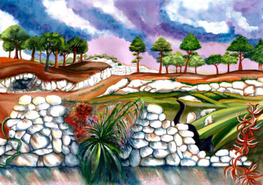 Painting titled "Dernières pierres" by Annie Décarpes (kirova), Original Artwork, Watercolor