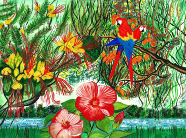 Schilderij getiteld "Forêt et fleuve ama…" door Annie Décarpes (kirova), Origineel Kunstwerk, Acryl