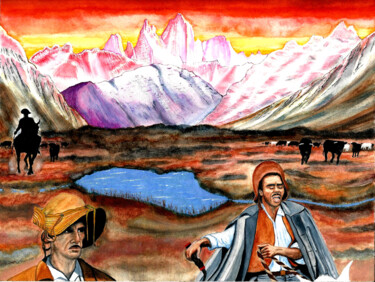 Painting titled "Les gauchos, seigne…" by Annie Décarpes (kirova), Original Artwork, Watercolor