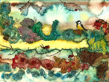 Painting titled "Jardin" by Annie Décarpes (kirova), Original Artwork, Ink Mounted on Wood Panel