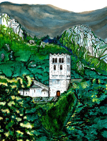 Painting titled "L'abbaye Saint-Mart…" by Annie Décarpes (kirova), Original Artwork, Ink