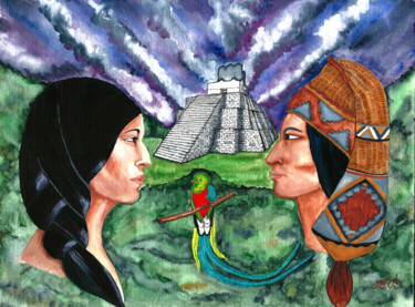 Peinture intitulée "Couple Maya" par Annie Décarpes (kirova), Œuvre d'art originale, Aquarelle