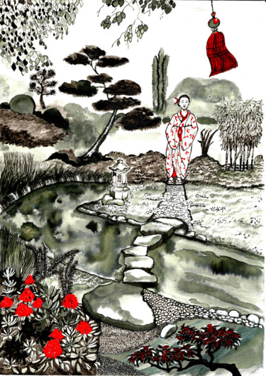 「Dans un jardin japo…」というタイトルの絵画 Annie Décarpes (kirova)によって, オリジナルのアートワーク, インク