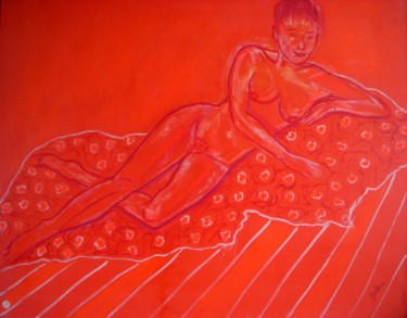 Painting titled "Nu rouge" by Annie Godia Dolladille, Original Artwork, Acrylic Mounted on Wood Stretcher frame