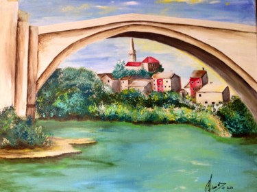 Painting titled "Le Pont de Mostar" by Annie Galipot, Original Artwork, Acrylic