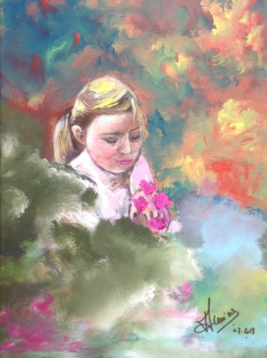 Peinture intitulée "Jeune fille aux fle…" par Annie Galipot, Œuvre d'art originale, Acrylique