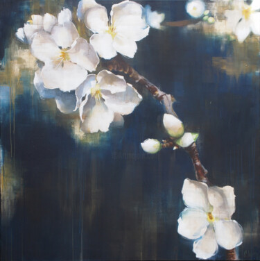 Peinture intitulée "fleurs pommier fond…" par Annie Lanoy, Œuvre d'art originale