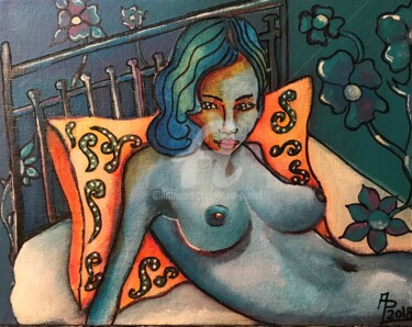 Painting titled "On my bed" by Annie Predal, Original Artwork, Acrylic