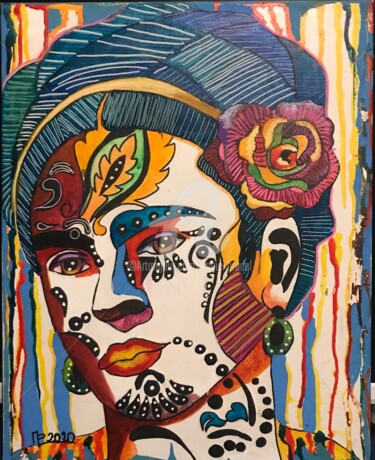 Painting titled "Psychédélique Frida" by Annie Predal, Original Artwork, Ink