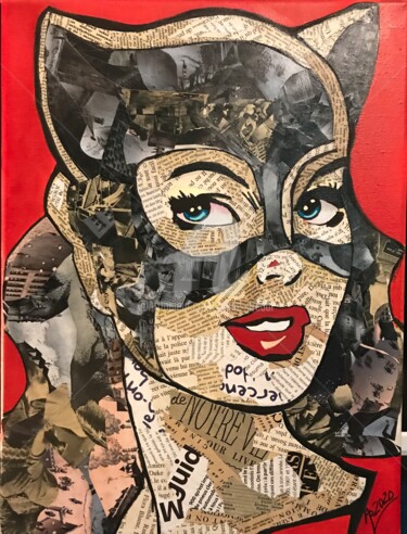 Peinture intitulée "Catwoman" par Annie Predal, Œuvre d'art originale, Collages