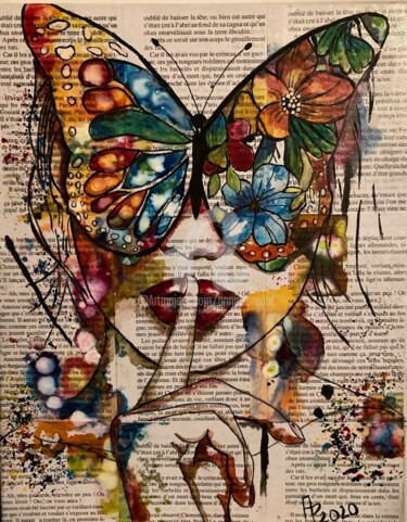 Painting titled "The Butterfly woman" by Annie Predal, Original Artwork, Ink