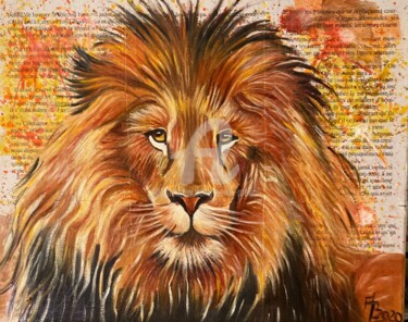 Painting titled "Le lion" by Annie Predal, Original Artwork, Oil
