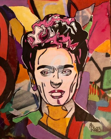 Collages titled "Frida femme battante" by Annie Predal, Original Artwork, Acrylic