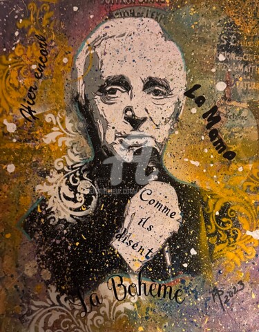 Collagen mit dem Titel "Charles Aznavour" von Annie Predal, Original-Kunstwerk, Acryl