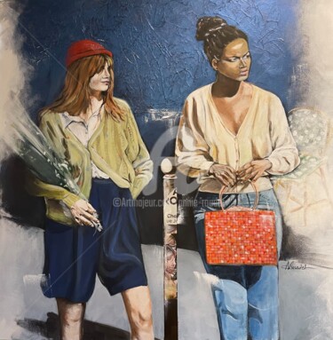 Painting titled ""Shopping entre cop…" by Annie Roudet, Original Artwork, Acrylic Mounted on Wood Stretcher frame