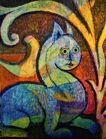 Zeichnungen mit dem Titel "Le chat" von Annie Vandemalle, Original-Kunstwerk, Pastell