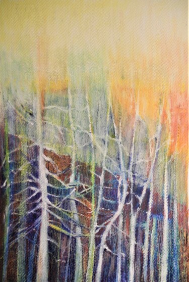 Dibujo titulada "Les arbres de l'Est" por Annie Vandemalle, Obra de arte original, Pastel Montado en Panel de madera