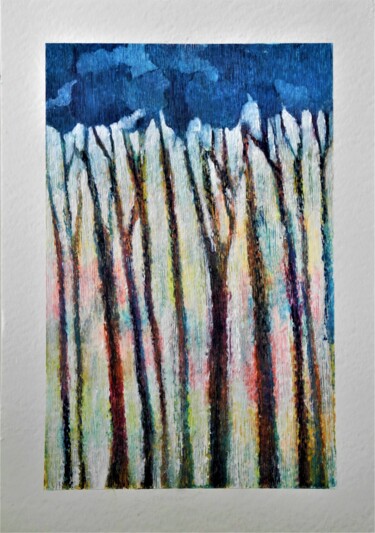 Drawing titled "Les arbres bleus" by Annie Vandemalle, Original Artwork, Pastel