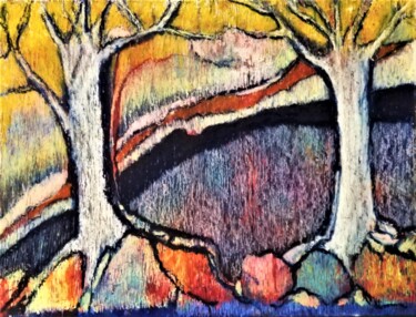 Drawing titled "Les deux arbres bla…" by Annie Vandemalle, Original Artwork, Pastel