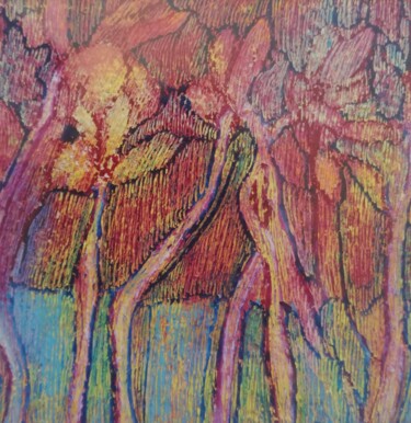 Σχέδιο με τίτλο "Floralies" από Annie Vandemalle, Αυθεντικά έργα τέχνης, Παστέλ Τοποθετήθηκε στο Ξύλινο πάνελ