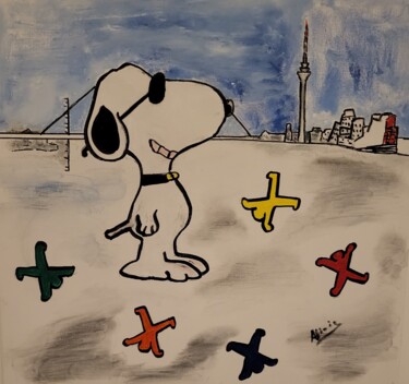 Painting titled "Snoopy voyage à Düs…" by Annie Vivies, Original Artwork, Oil Mounted on Wood Stretcher frame