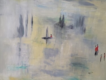 Painting titled "Une île" by Annie Vivies, Original Artwork, Oil Mounted on Wood Stretcher frame