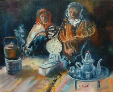 Painting titled "sous la tente" by Annie Bagot, Original Artwork, Oil Mounted on Other rigid panel