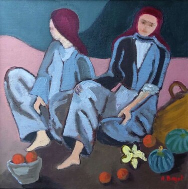 Malerei mit dem Titel "Deux soeurs" von Annie Bagot, Original-Kunstwerk, Öl Auf Andere starre Platte montiert