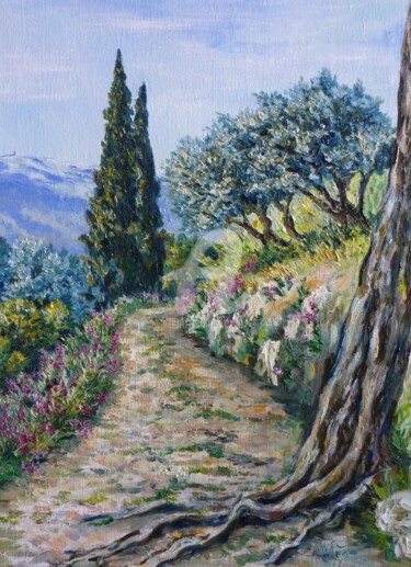 Painting titled "chemin dans les mon…" by Annie Rivière, Original Artwork, Oil Mounted on Wood Stretcher frame