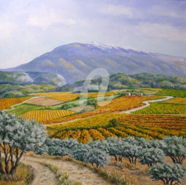 Painting titled "Vignes au pied du m…" by Annie Rivière, Original Artwork, Oil