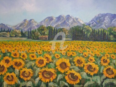 Painting titled "Tournesol à Saint-R…" by Annie Rivière, Original Artwork, Oil Mounted on Wood Stretcher frame