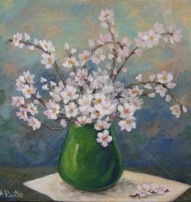 Painting titled "Fleurs d'amandiers…" by Annie Rivière, Original Artwork, Oil Mounted on Wood Stretcher frame