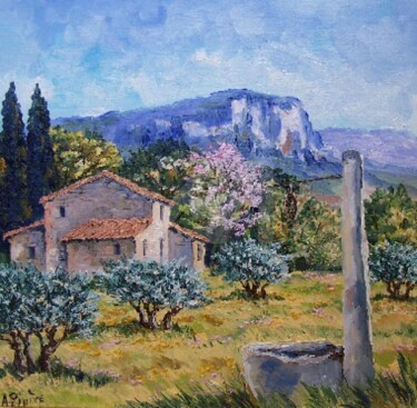 Mas et puits en Provence format (40X40cm) Peinture intitulée "Mas et puits en Pro…" par Annie Rivière, Œuvre d'art originale, Huile