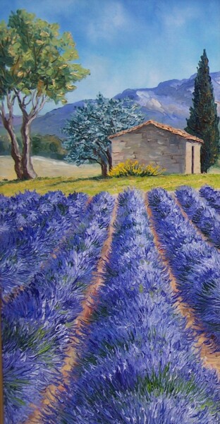 Lavandes-et-cabanon-30x60-vertical Peinture intitulée "Lavandes-et-cabanon…" par Annie Rivière, Œuvre d'art originale, Huile