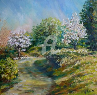 Painting titled "Chemin dans les Alp…" by Annie Rivière, Original Artwork, Oil