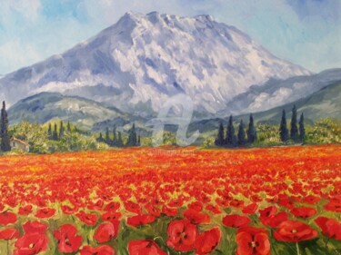 Painting titled "Coquelicot et monta…" by Annie Rivière, Original Artwork, Oil