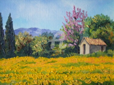Painting titled "Fleurs jaunes et ar…" by Annie Rivière, Original Artwork, Oil Mounted on Wood Stretcher frame