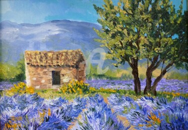 Painting titled "Lavande et cabanon…" by Annie Rivière, Original Artwork, Oil