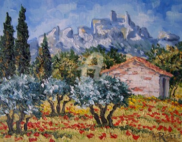 Painting titled "Cabanon dans les ol…" by Annie Rivière, Original Artwork, Oil