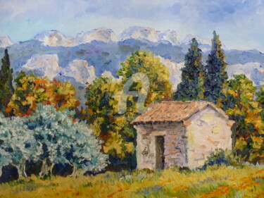 Painting titled "Cabanon à l'automne…" by Annie Rivière, Original Artwork, Oil Mounted on Wood Stretcher frame