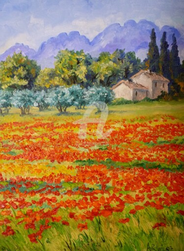 Painting titled "Coquelicots dans le…" by Annie Rivière, Original Artwork, Oil Mounted on Wood Stretcher frame